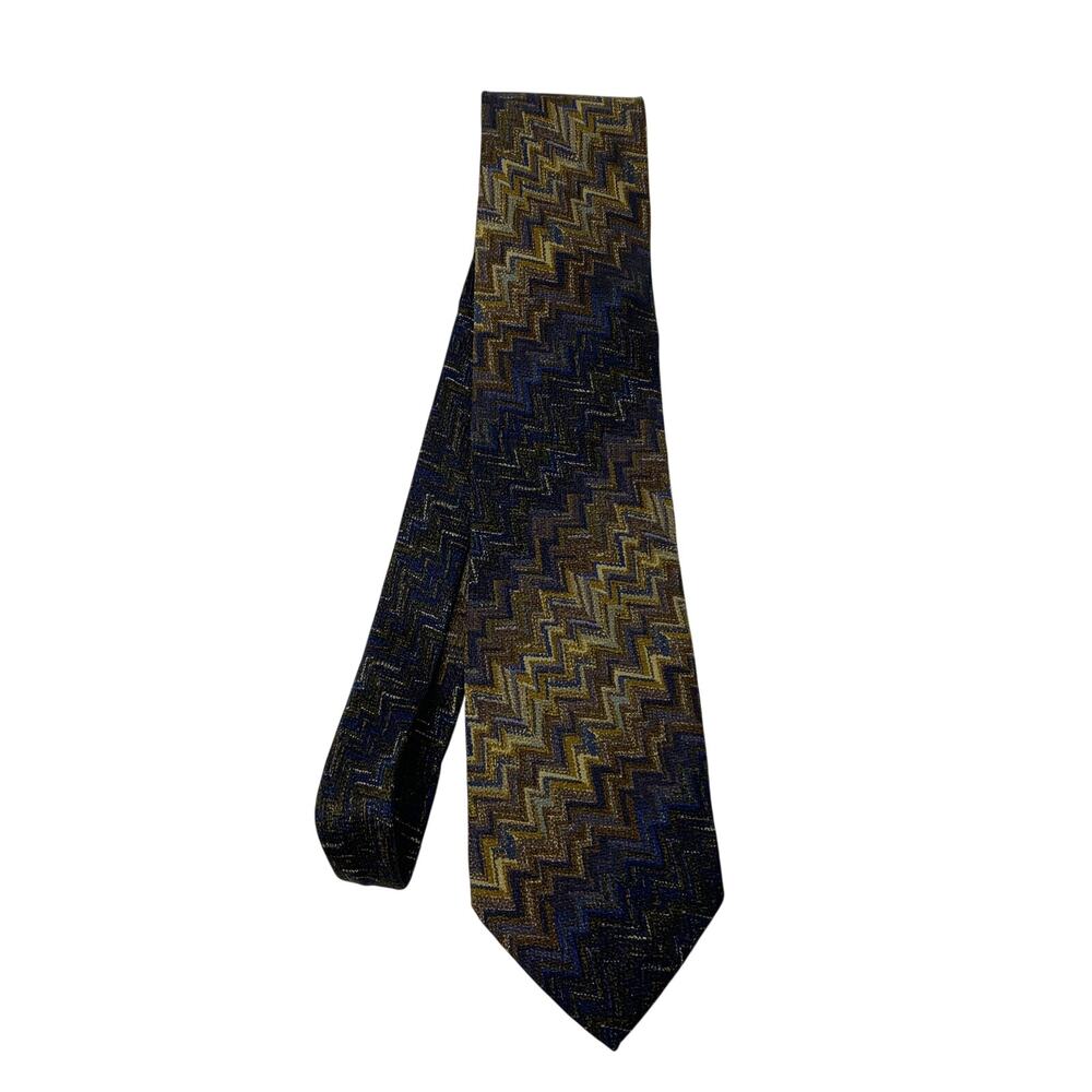 Missoni Cravatte Silk Tie Blue Gold Zig Zag Chevron Made Italy Designer Necktie